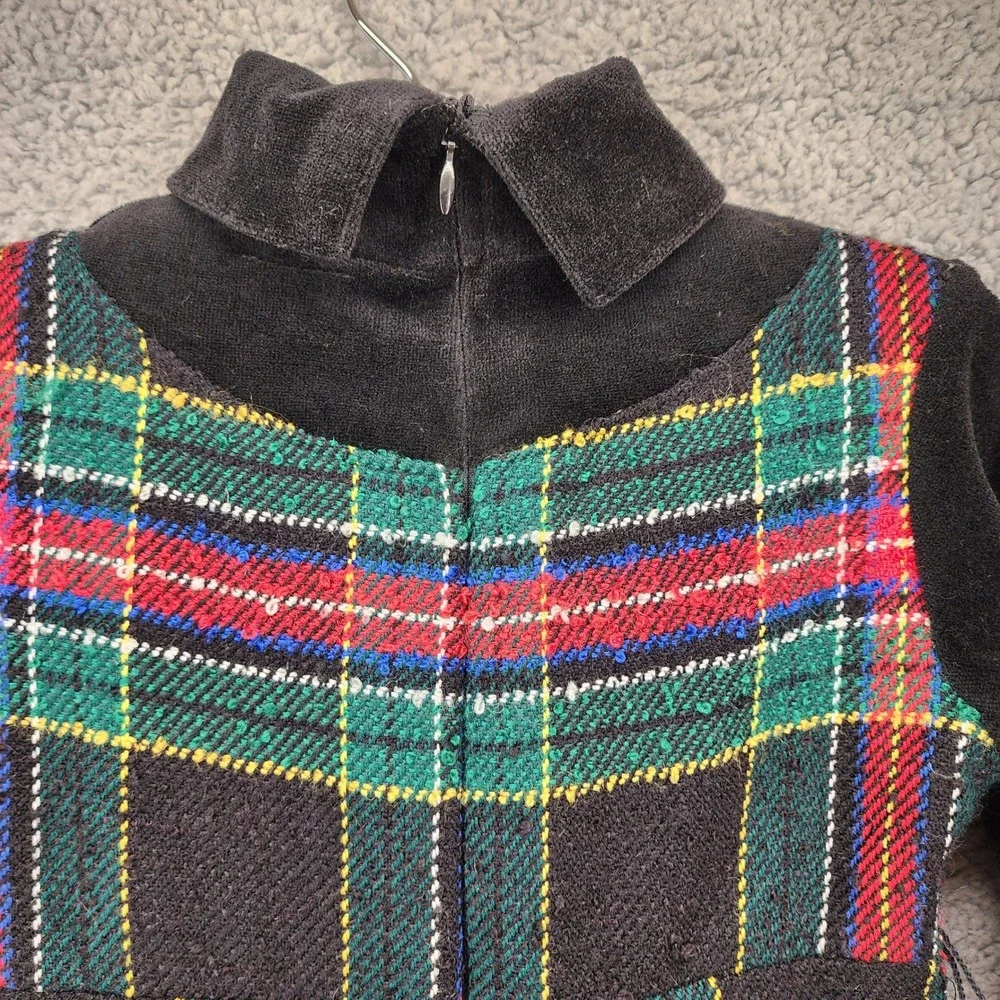 Cozi Kidz Plaid Dress Vintage Girls Size 2 Black‎ Velvet Trim Party Holiday
